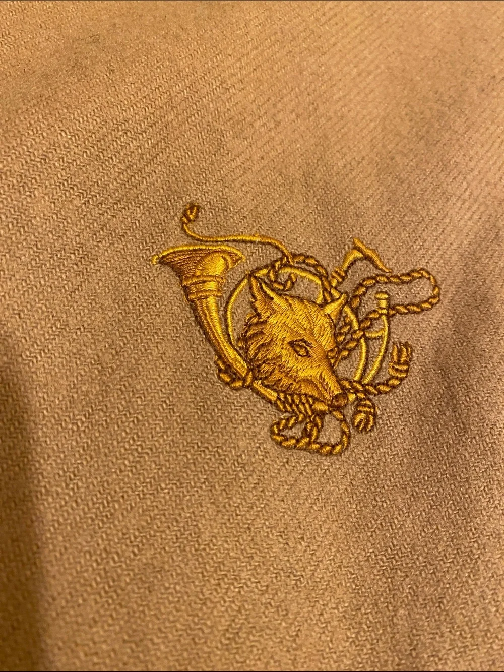 Polo by Ralph Lauren Cashmere Tan Fringed Wool Scarf with Embroidered Crest